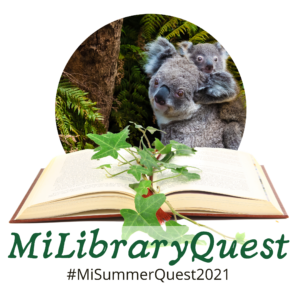 MiLibraryQuest logo with koalas, an open book, and the text #MiLibraryQuest2021